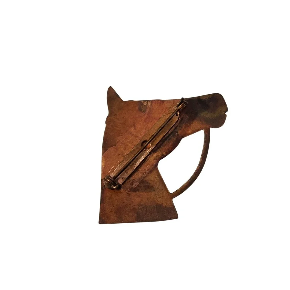 Vintage enamel on copper Black‎ horse head w  red eye brooch pin